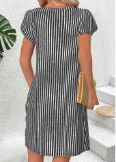Striped Asymmetry Black Short Asymmetrical Neck Dress