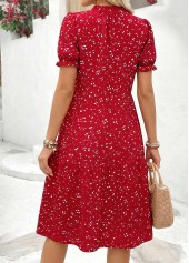 Ditsy Floral Print Tuck Stitch Red Short Dress
