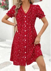 Ditsy Floral Print Tuck Stitch Red Short Dress