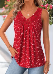 Polka Dot Patchwork Red Sleeveless V Neck Tank Top