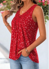 Polka Dot Patchwork Red Sleeveless V Neck Tank Top