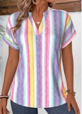Striped Curved Hem Multi Color Short Sleeve Blouse