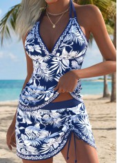 Mid Waisted Tropical Plants Print Adjustable Tie Tankini Set