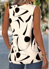 Geometric Print Patchwork Beige Sleeveless Asymmetrical Neck Tank Top