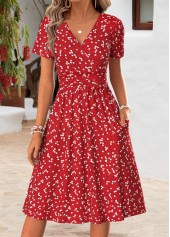 Ditsy Floral Print Double Side Pockets Red Dress