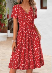 Ditsy Floral Print Double Side Pockets Red Dress