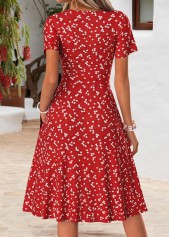 Ditsy Floral Print Double Side Pockets Red Dress