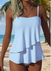Mid Waisted Striped Layered Light Blue Tankini Set
