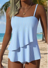 Mid Waisted Striped Layered Light Blue Tankini Set