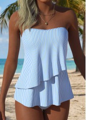 Mid Waisted Striped Layered Light Blue Tankini Set