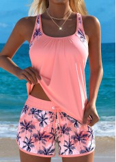 Mid Waisted Tropical Plants Print Patchwork Tankini Set