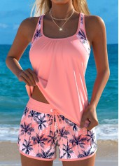 Mid Waisted Tropical Plants Print Patchwork Tankini Set