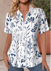 Leaf Print Tummy Coverage Navy Short Sleeve Blouse
