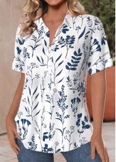 Leaf Print Tummy Coverage Navy Short Sleeve Blouse