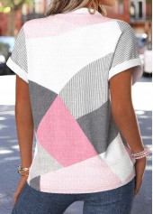 Geometric Print Tummy Coverage Light Pink Short Sleeve Blouse