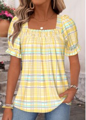 Plaid Curved Hem Yellow Short Sleeve Square Neck Blouse