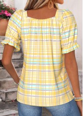 Plaid Curved Hem Yellow Short Sleeve Square Neck Blouse