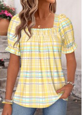 Plaid Curved Hem Yellow Short Sleeve Square Neck Blouse