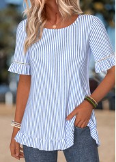 Striped Frill Blue Short Sleeve Round Neck T Shirt