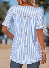 Striped Frill Blue Short Sleeve Round Neck T Shirt