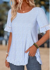 Striped Frill Blue Short Sleeve Round Neck T Shirt