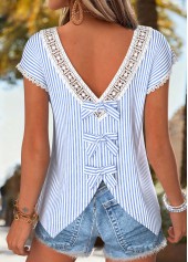 Striped Bowknot Blue Short Sleeve V Neck T Shirt