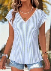 Striped Bowknot Blue Short Sleeve V Neck T Shirt
