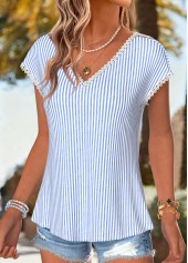 Striped Bowknot Blue Short Sleeve V Neck T Shirt