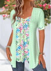 Ditsy Floral Print Green Fake Two Piece Twinset