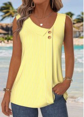 Striped Patchwork Yellow Sleeveless Asymmetrical Neck Tank Top