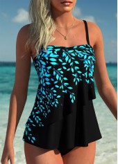 Mid Waisted Leaf Print Layered Black Tankini Set