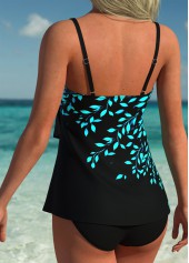 Mid Waisted Leaf Print Layered Black Tankini Set