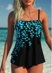 Mid Waisted Leaf Print Layered Black Tankini Set
