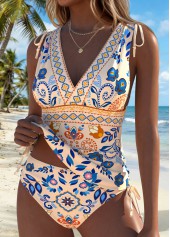 Mid Waisted Tribal Print Lace Up Tankini Set