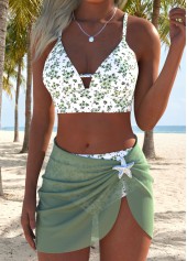 Mid Waisted Ditsy Floral Print Three-piece Sage Green Bikini Set