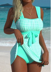 Mid Waisted Plaid Cyan Tankini Set
