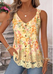 Floral Print Curved Hem Yellow Sleeveless Tank Top