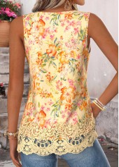 Floral Print Curved Hem Yellow Sleeveless Tank Top
