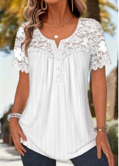 Ruffle White Short Sleeve Split Neck Blouse