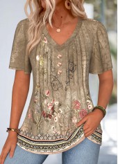 Random Floral Print Curved Hem Dark Camel T Shirt