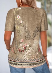 Random Floral Print Curved Hem Dark Camel T Shirt