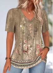 Random Floral Print Curved Hem Dark Camel T Shirt