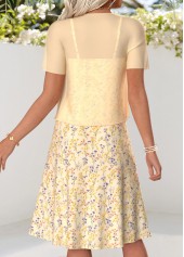 Ditsy Floral Print Two-piece Light Yellow Dress and Cardigan