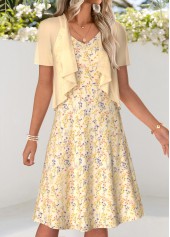 Ditsy Floral Print Two-piece Light Yellow Dress and Cardigan