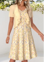 Ditsy Floral Print Two-piece Light Yellow Dress and Cardigan
