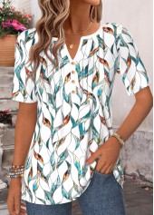Leaf Print Curved Hem Multi Color T Shirt