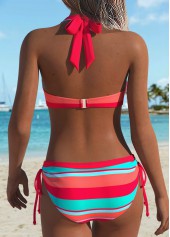 Mid Waisted Striped Patchwork Coral Bikini Set