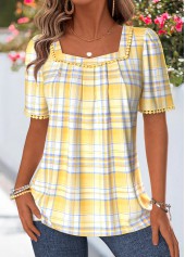 Plaid Pleated Yellow Short Sleeve Square Neck T Shirt
