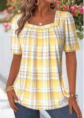 Plaid Pleated Yellow Short Sleeve Square Neck T Shirt