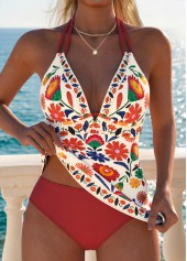 Mid Waisted Floral Print Tummy Coverage Red Tankini Set